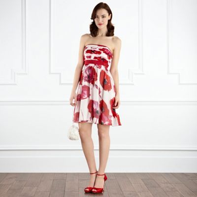 Bluebell Dress D - neckline: strapless (straight/sweetheart); pattern: floral - busy, florals; sleeve style: strapless; waist detail: fitted waist; style: strapless; predominant colour: true red; occasions: evening, occasion; length: just above the knee; fit: body skimming; fibres: polyester/polyamide - 100%; material texture: chiffon; trends: prints; sleeve length: sleeveless; texture group: sheer fabrics/chiffon/organza etc.; pattern type: fabric; pattern size: small & busy