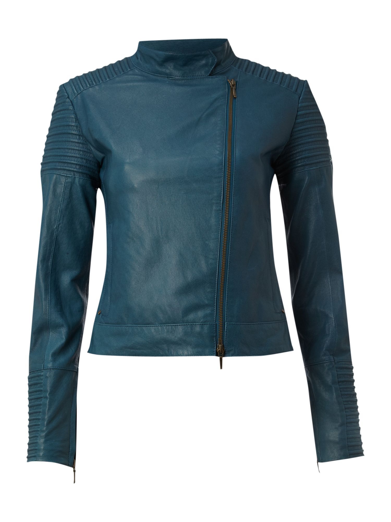 Women's Leather Biker Jacket, Teal - pattern: plain; style: biker; hip detail: side pockets at hip; collar: asymmetric biker; fit: slim fit; predominant colour: teal; occasions: casual; length: standard; fibres: leather - 100%; material texture: chiffon; sleeve length: long sleeve; sleeve style: standard; texture group: sheer fabrics/chiffon/organza etc.; collar break: high/illusion of break when open; pattern type: fabric; pattern size: standard