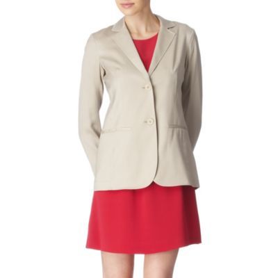 Gisa Jacket - pattern: plain; style: single breasted blazer; shoulder detail: shoulder pads; hip detail: front pockets at hip; collar: standard lapel/rever collar; predominant colour: stone; occasions: casual, evening, work; length: standard; fit: tailored/fitted; fibres: silk - mix; material texture: satin; trends: pastels; sleeve length: long sleeve; sleeve style: standard; texture group: structured shiny - satin/tafetta/silk etc.; collar break: medium; pattern type: fabric; pattern size: standard