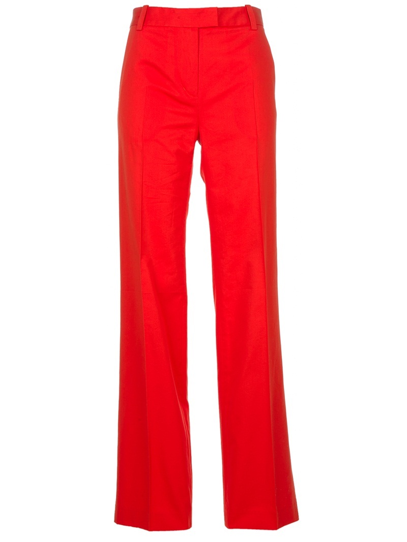 Pants - length: standard; waist detail: fitted waist, narrow waistband; pocket detail: small back pockets, pockets at the sides; waist: mid/regular rise; predominant colour: true red; occasions: evening, work, occasion; fibres: cotton - mix; material texture: sateen; trends: brights; texture group: structured shiny - satin/tafetta/silk etc.; fit: straight leg; style: standard