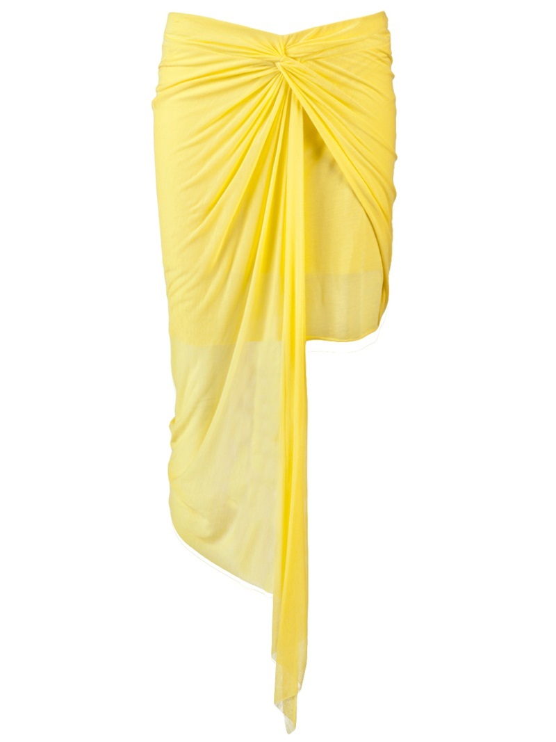 Ruched Skirt - pattern: plain; fit: body skimming; waist detail: twist front waist detail/nipped in at waist on one side/soft pleats/draping/ruching/gathering waist detail; waist: mid/regular rise; predominant colour: yellow; occasions: casual; length: just above the knee; style: asymmetric (hem); fibres: polyester/polyamide - 100%; material texture: satin; hip detail: ruching/gathering at hip; texture group: structured shiny - satin/tafetta/silk etc.; pattern type: fabric; pattern size: standard
