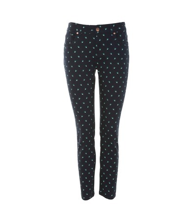 Printed 7/8 Length Jeans - style: skinny leg; pattern: print, small polka dot, polka dot, patterned/print; pocket detail: traditional 5 pocket; waist: mid/regular rise; predominant colour: navy; occasions: casual; length: ankle length; fibres: cotton - stretch; material texture: denim; trends: prints; texture group: denim; pattern type: fabric; pattern size: small & busy