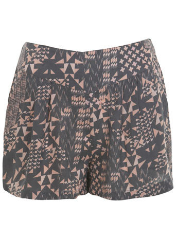 Geo Print Short - style: shorts; waist detail: fitted waist, wide waistband/cummerbund; pocket detail: pockets at the sides; length: short shorts; waist: mid/regular rise; predominant colour: mid grey; occasions: casual, evening; fibres: polyester/polyamide - 100%; material texture: denim; hip detail: front pleats at hip level; trends: prints; texture group: denim; fit: baggy