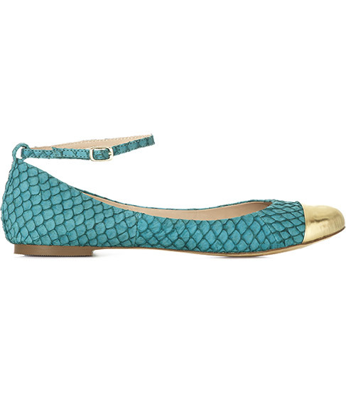 Alicia Toe Cap Ballerina Pumps - predominant colour: turquoise; material: leather; heel height: flat; embellishment: animal print, buckles; ankle detail: ankle strap; toe: round toe; style: ballerinas / pumps; pattern: animal print