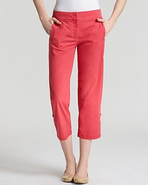 Cuffed Capri With Tabs - style: capri; waist detail: wide waistband/cummerbund, narrow waistband; pocket detail: pockets at the sides; waist: mid/regular rise; predominant colour: coral; occasions: casual; length: calf length; fibres: cotton - stretch; material texture: calico; trends: brights; texture group: cotton feel fabrics; fit: slim leg