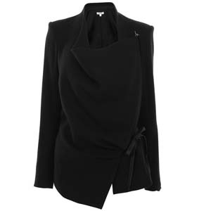 Cashmere Wrap Jacket - pattern: plain; style: single breasted blazer; shoulder detail: shoulder pads; bust detail: added detail/embellishment at bust; collar: asymmetric biker; predominant colour: black; occasions: casual, work; length: standard; fit: straight cut (boxy); material texture: sateen; waist detail: belted waist/tie at waist/drawstring; fibres: cashmere - 100%; sleeve length: long sleeve; sleeve style: standard; texture group: structured shiny - satin/tafetta/silk etc.; collar break: high/illusion of break when open; pattern type: fabric; pattern size: standard