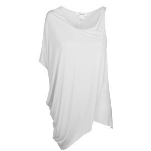 Silk Jersey Asymmetric Top - pattern: plain; sleeve style: asymmetric sleeve; length: below the bottom; waist detail: twist front waist detail/nipped in at waist on one side/soft pleats/draping/ruching/gathering waist detail; predominant colour: white; occasions: casual; style: top; neckline: scoop; fibres: silk - mix; material texture: jersey; fit: body skimming; hip detail: soft pleats at hip/draping at hip/flared at hip; shoulder detail: asymmetric shoulder detail/one shoulder; trends: white; sleeve length: short sleeve; pattern type: fabric; pattern size: standard; texture group: jersey - stretchy/drapey
