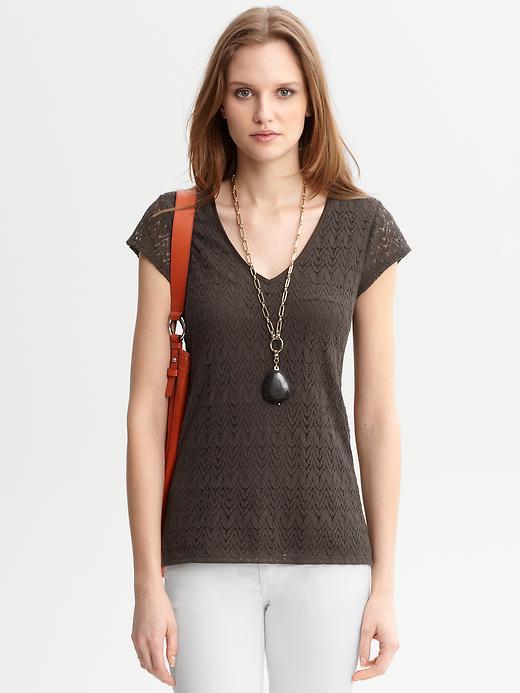 Lace V Neck Tee - neckline: v-neck; pattern: plain, lace; waist detail: fitted waist; style: t-shirt; predominant colour: chocolate brown; occasions: casual, work; length: standard; fibres: polyester/polyamide - mix; material texture: lace; fit: body skimming; sleeve length: short sleeve; sleeve style: standard; texture group: lace; pattern type: fabric; pattern size: standard