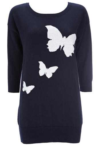 Navy Butterfly Tunic - pattern: lightly patterned, print, picture design, patterned/print; length: below the bottom; style: standard; hip detail: fitted at hip, fitted hem at hip; predominant colour: navy; occasions: casual; neckline: scoop; fibres: cotton - 100%; material texture: jersey; trends: prints; sleeve length: 3/4 length; sleeve style: standard; pattern type: knitted - other; pattern size: small & light; texture group: jersey - stretchy/drapey