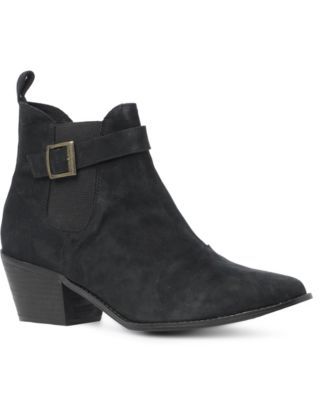 Leather Western Style Boot - predominant colour: black; material: suede; heel height: mid; embellishment: buckles; heel: block; toe: pointed toe; boot length: ankle boot; style: cowboy