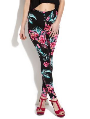 Black Tropical Print Leggings - length: standard; style: leggings; waist detail: elasticated waist; waist: mid/regular rise; predominant colour: black; occasions: casual, evening; fibres: nylon - mix; material texture: jersey; hip detail: fitted at hip (bottoms); trends: prints, brights; texture group: jersey - stretchy/drapey