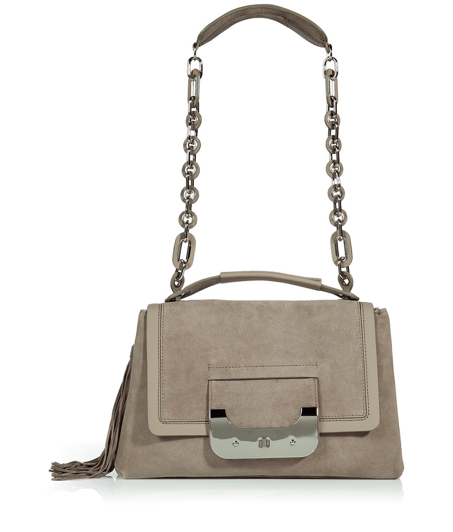 Truffle Suede Harper Daybag - predominant colour: taupe; style: shoulder; length: handle; size: standard; material: suede; embellishment: tassels; pattern: metallic, plain; finish: metallic