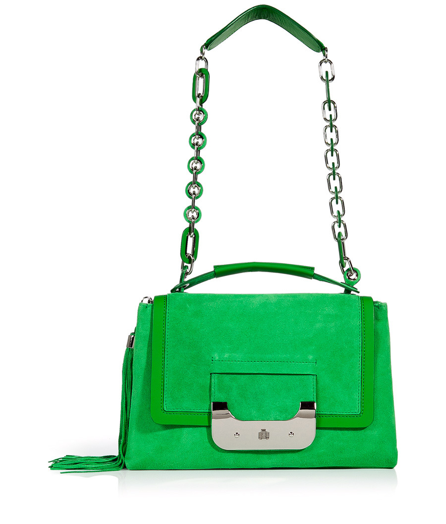Turf Green Suede Harper Daybag - predominant colour: emerald green; style: shoulder; length: handle; size: standard; material: suede; embellishment: tassels; pattern: plain
