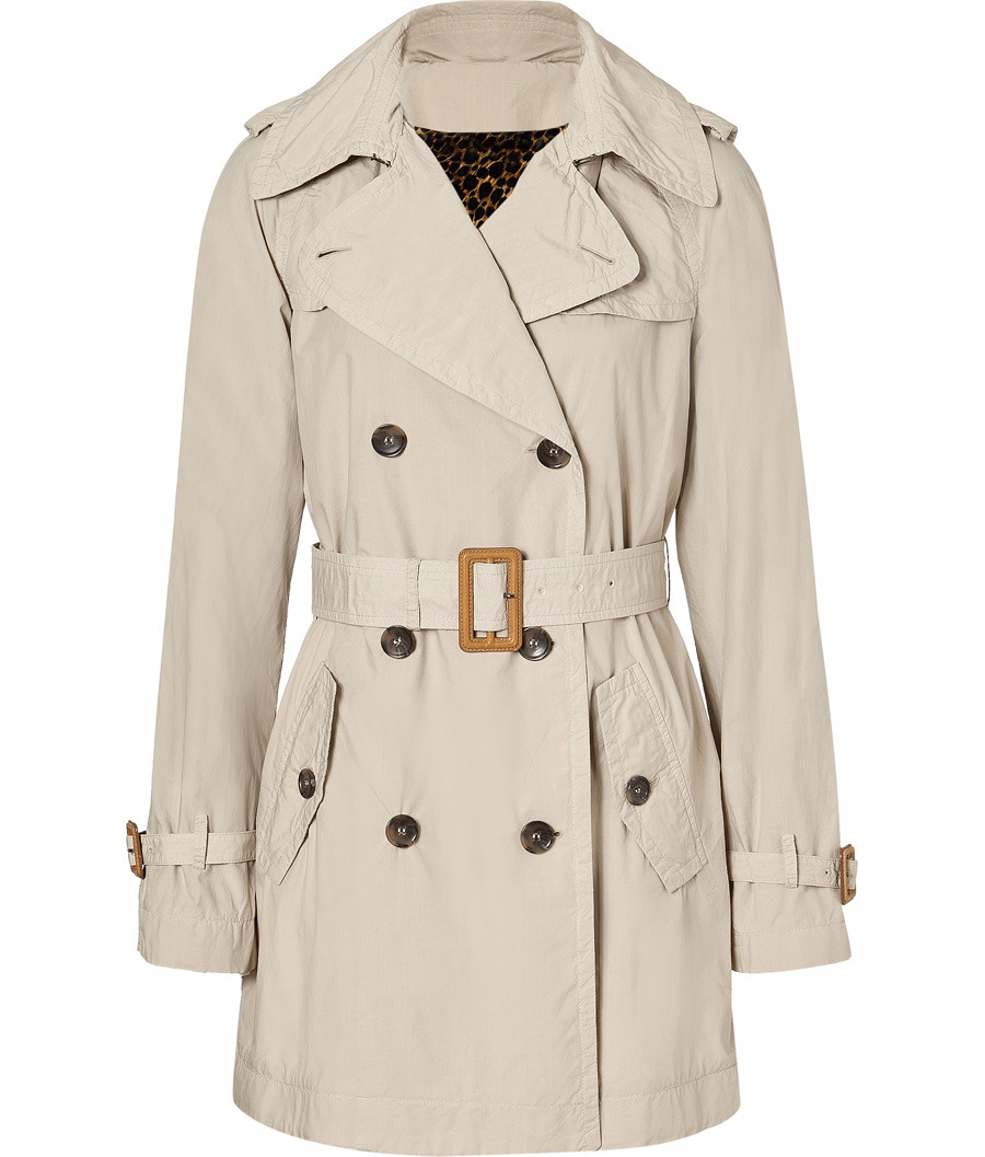 Beige Cotton Trench Coat - pattern: plain; length: below the bottom; shoulder detail: obvious epaulette; hip detail: side pockets at hip; collar: wide lapels; style: double breasted; fit: slim fit; predominant colour: stone; occasions: casual, work; fibres: cotton - mix; material texture: waxed cotton; waist detail: belted waist/tie at waist/drawstring; sleeve length: long sleeve; sleeve style: standard; texture group: waxed cotton; pattern type: fabric; pattern size: standard