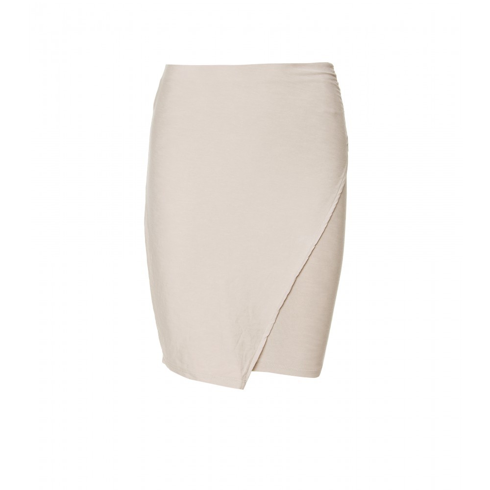 Sarong Mini Skirt - pattern: plain; style: wrap/faux wrap; fit: tight; waist detail: fitted waist; hip detail: fitted at hip; waist: mid/regular rise; predominant colour: ivory; occasions: casual, evening, work; length: just above the knee; fibres: cotton - stretch; material texture: jersey; pattern type: fabric; pattern size: standard; texture group: jersey - stretchy/drapey