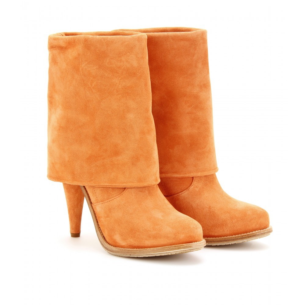 Coachella Fold Over Suede Boots - predominant colour: bright orange; material: suede; heel height: high; heel: cone; toe: round toe; boot length: mid calf; style: standard