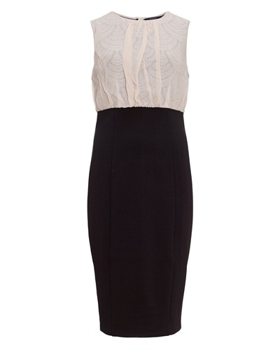 Ted Baker Savoir Lace Detail Dress - style: shift; neckline: round neck; fit: tailored/fitted; pattern: plain, two-tone; sleeve style: sleeveless; predominant colour: black; occasions: evening; length: just above the knee; fibres: polyester/polyamide - mix; material texture: lace; bust detail: contrast pattern/fabric/detail at bust; sleeve length: sleeveless; texture group: lace; pattern type: fabric; pattern size: standard
