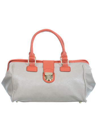 Contrast Handled Bag - predominant colour: ivory; style: doctor's bag; length: handle; size: standard; material: faux leather; pattern: two-tone