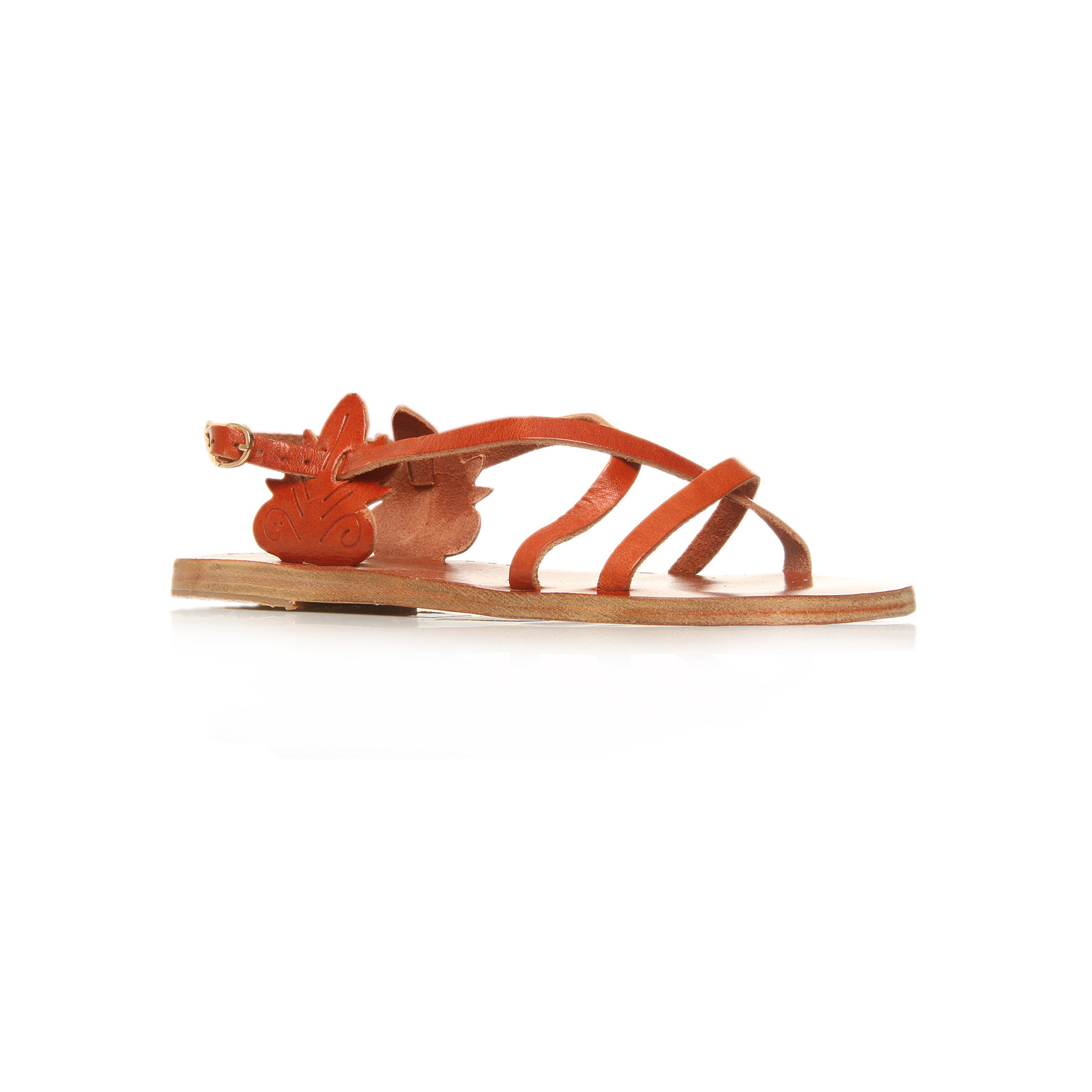 Athena - predominant colour: terracotta; material: leather; heel height: flat; ankle detail: ankle strap; heel: standard; toe: open toe/peeptoe; style: strappy