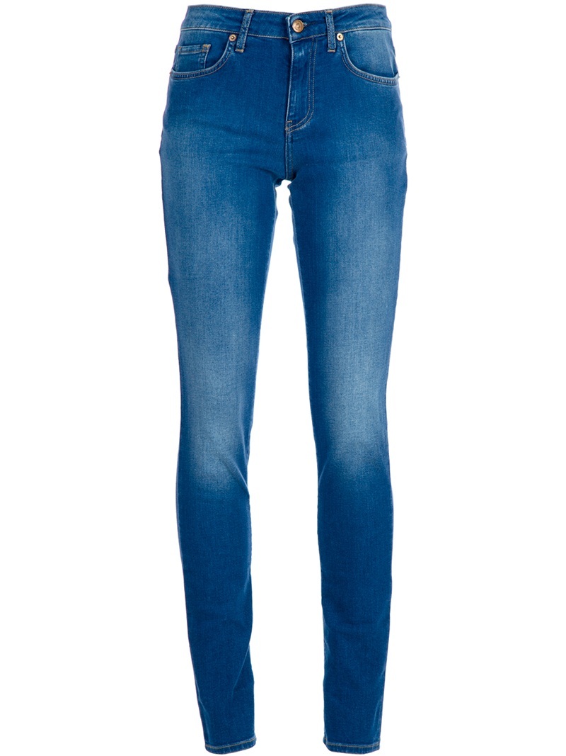 Skinny Jeans - style: skinny leg; length: standard; pattern: plain; pocket detail: traditional 5 pocket; waist: mid/regular rise; predominant colour: denim; occasions: casual; fibres: cotton - stretch; material texture: denim; jeans detail: shading down centre of thigh, washed/faded; trends: aquatic; texture group: denim; pattern type: fabric; pattern size: standard
