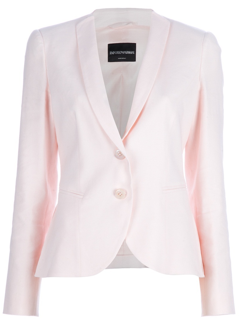 Fitted Blazer - pattern: plain; style: single breasted blazer; hip detail: front pockets at hip; collar: standard lapel/rever collar; predominant colour: nude; occasions: evening, work, occasion; length: standard; fit: tailored/fitted; fibres: linen - mix; material texture: calico; waist detail: fitted waist; trends: pastels; sleeve length: long sleeve; sleeve style: standard; texture group: cotton feel fabrics; pattern type: fabric; pattern size: standard