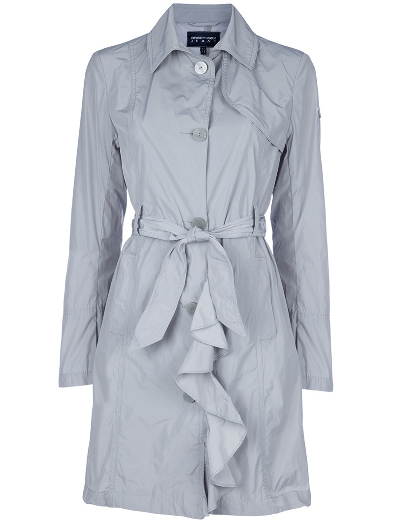 Ruffle Trench - pattern: plain; hip detail: side pockets at hip; style: trench coat; fit: slim fit; collar: standard lapel/rever collar; length: mid thigh; predominant colour: light grey; occasions: casual, work; fibres: polyester/polyamide - 100%; material texture: calico; waist detail: fitted waist, belted waist/tie at waist/drawstring; trends: pastels; sleeve length: long sleeve; sleeve style: standard; texture group: cotton feel fabrics; collar break: medium; pattern type: fabric; pattern size: standard