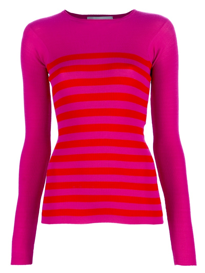 Striped Top - neckline: round neck; pattern: striped; predominant colour: hot pink; occasions: casual; length: standard; style: top; fibres: wool - 100%; material texture: jersey; fit: body skimming; sleeve length: long sleeve; sleeve style: standard; pattern type: fabric; pattern size: standard; texture group: jersey - stretchy/drapey