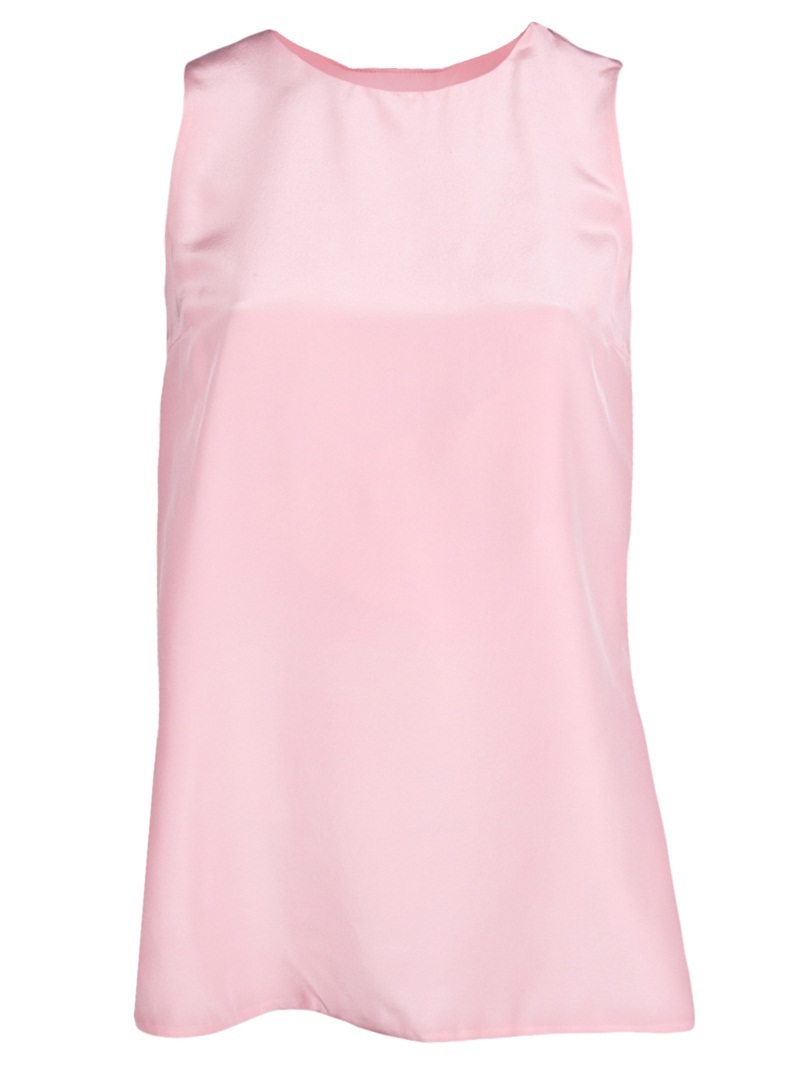 Silk Top - neckline: round neck; pattern: plain; sleeve style: sleeveless; predominant colour: blush; occasions: casual, evening, work; length: standard; style: top; fibres: silk - 100%; material texture: satin; fit: body skimming; back detail: shorter hem at back than at front; trends: pastels; sleeve length: sleeveless; texture group: structured shiny - satin/tafetta/silk etc.; pattern type: fabric; pattern size: standard