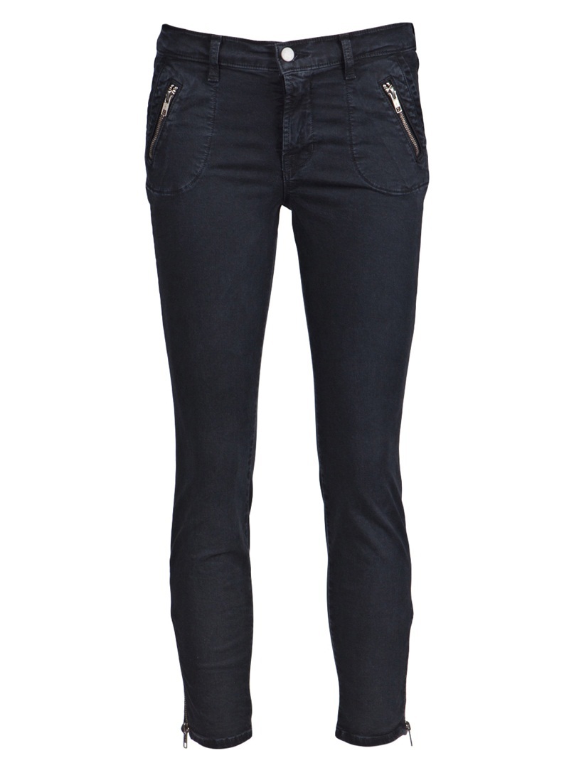 Ginger Mid Rise Zip Jean - style: skinny leg; pattern: plain; pocket detail: large back pockets, small back pockets, pockets at the sides; waist: mid/regular rise; predominant colour: black; occasions: casual, evening; length: calf length; fibres: cotton - stretch; material texture: denim; jeans detail: dark wash; texture group: denim; pattern type: fabric; pattern size: standard