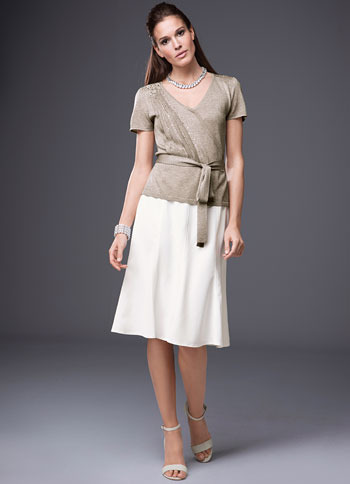 Sweater - neckline: v-neck; style: faux wrap/wrap; predominant colour: stone; occasions: casual, evening, occasion; length: standard; fibres: polyester/polyamide - 100%; material texture: lace; fit: standard fit; waist detail: belted waist/tie at waist/drawstring; trends: pastels; sleeve length: short sleeve; sleeve style: standard; texture group: lace; pattern type: knitted - other; pattern size: standard; embellishment: sequins
