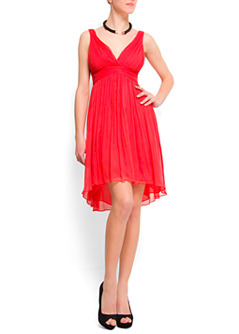 Dress Iris - style: empire line; neckline: low v-neck; fit: empire; pattern: plain; sleeve style: sleeveless; waist detail: fitted waist, wide waistband/cummerbund, twist front waist detail/nipped in at waist on one side/soft pleats/draping/ruching/gathering waist detail; back detail: low cut/open back; bust detail: ruching/gathering/draping/layers/pintuck pleats at bust; predominant colour: true red; occasions: evening, occasion; length: just above the knee; fibres: silk - 100%; material texture: chiffon; hip detail: structured pleats at hip; trends: 1950's, brights; sleeve length: sleeveless; texture group: sheer fabrics/chiffon/organza etc.; pattern type: fabric; pattern size: standard
