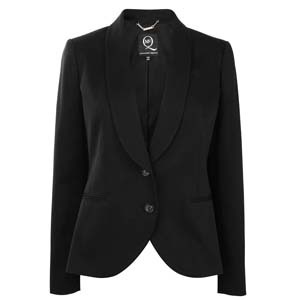 Wool Tuxedo Jacket - pattern: plain; style: single breasted tuxedo; shoulder detail: shoulder pads; hip detail: side pockets at hip, front pockets at hip; collar: shawl/waterfall; predominant colour: black; occasions: casual, evening, work; length: standard; fit: tailored/fitted; fibres: cotton - stretch; material texture: sateen; sleeve length: long sleeve; sleeve style: standard; texture group: structured shiny - satin/tafetta/silk etc.; pattern type: fabric; pattern size: standard