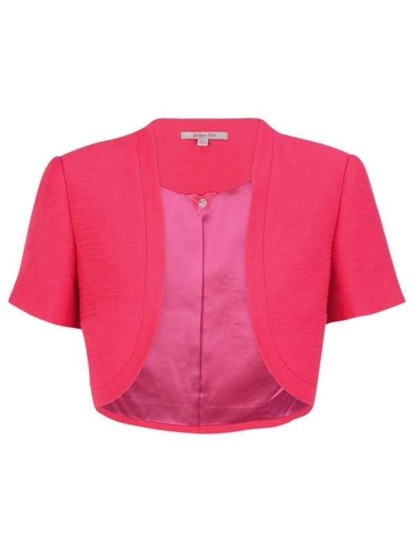 Ruby Rose Short Sleeve Bolero, Pink - pattern: plain; style: bolero/shrug; shoulder detail: shoulder pads; collar: shawl/waterfall; length: cropped; fit: slim fit; predominant colour: hot pink; occasions: evening, work, occasion; fibres: polyester/polyamide - 100%; material texture: jersey stretch; trends: brights; sleeve length: short sleeve; sleeve style: standard; texture group: jersey - clingy; collar break: low/open; pattern type: fabric; pattern size: standard