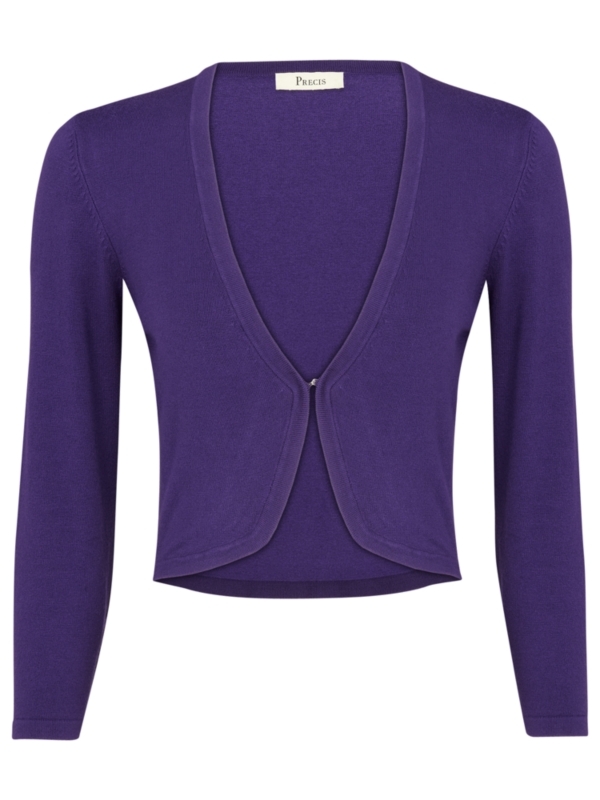 Fine Knit Shrug, Blackberry - neckline: low v-neck; pattern: plain; style: bolero/shrug; length: cropped; predominant colour: indigo; occasions: casual, occasion; fibres: polyester/polyamide - stretch; material texture: jersey stretch; fit: slim fit; waist detail: fitted waist; trends: aquatic; sleeve length: 3/4 length; sleeve style: standard; texture group: jersey - clingy; pattern type: knitted - other; pattern size: standard