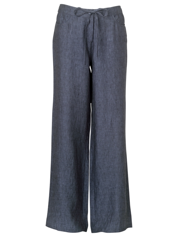 Cross Dye Linen Trousers, Indigo - length: standard; waist detail: elasticated waist, fitted waist, belted waist/tie at waist/drawstring; pocket detail: large back pockets, small back pockets, pockets at the sides; hip detail: front pockets at hip; waist: mid/regular rise; predominant colour: indigo; occasions: casual, work; fibres: linen - 100%; material texture: jersey; trends: aquatic; fit: wide leg; texture group: jersey - stretchy/drapey; style: standard