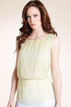 Autograph Embroidered Stencil Striped Top - pattern: plain; sleeve style: sleeveless; waist detail: elasticated waist, fitted waist; shoulder detail: tiers/frills/ruffles; bust detail: ruching/gathering/draping/layers/pintuck pleats at bust; predominant colour: primrose yellow; occasions: casual, evening, work; length: standard; style: top; neckline: scoop; fibres: polyester/polyamide - 100%; material texture: jersey; fit: tailored/fitted; trends: pastels; sleeve length: sleeveless; pattern type: fabric; pattern size: standard; texture group: jersey - stretchy/drapey; embellishment: embroidered