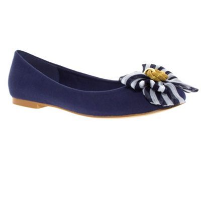 Blue Nautical Bow Trim Ballerinas - predominant colour: navy; material: fabric; heel height: flat; embellishment: jewels; toe: round toe; style: ballerinas / pumps