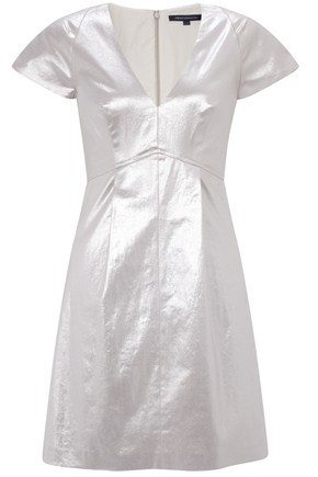 Sparkle Babs Deep Dress - style: tunic; length: mini; neckline: v-neck; pattern: plain; waist detail: fitted waist; predominant colour: silver; occasions: evening, occasion; fit: body skimming; fibres: cotton - mix; material texture: metallic; trends: aquatic; sleeve length: short sleeve; sleeve style: standard; pattern type: fabric; pattern size: standard