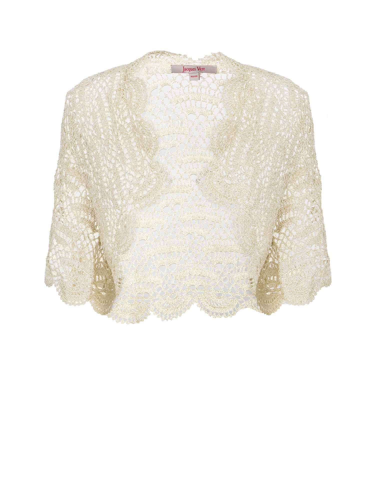 Women's Powder Puff Hand Crochet Bolero, Multi Coloured - pattern: plain; style: bolero/shrug; collar: shawl/waterfall; length: cropped; fit: slim fit; predominant colour: ivory; fibres: polyester/polyamide - 100%; material texture: metallic; occasions: occasion; sleeve length: short sleeve; sleeve style: standard; collar break: low/open; pattern type: fabric; pattern size: standard; embellishment: embroidered