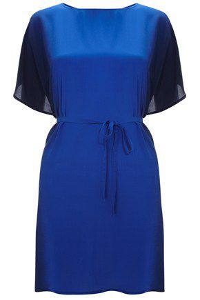 Women's Downthe Sea Tie Waist Top, Blue - neckline: round neck; sleeve style: angel/waterfall; pattern: two-tone; waist detail: belted waist/tie at waist/drawstring; predominant colour: royal blue; occasions: casual, evening; style: top; fibres: silk - 100%; material texture: chiffon; fit: tailored/fitted; back detail: keyhole/peephole detail at back; trends: aquatic; sleeve length: short sleeve; texture group: sheer fabrics/chiffon/organza etc.; pattern type: fabric; pattern size: standard