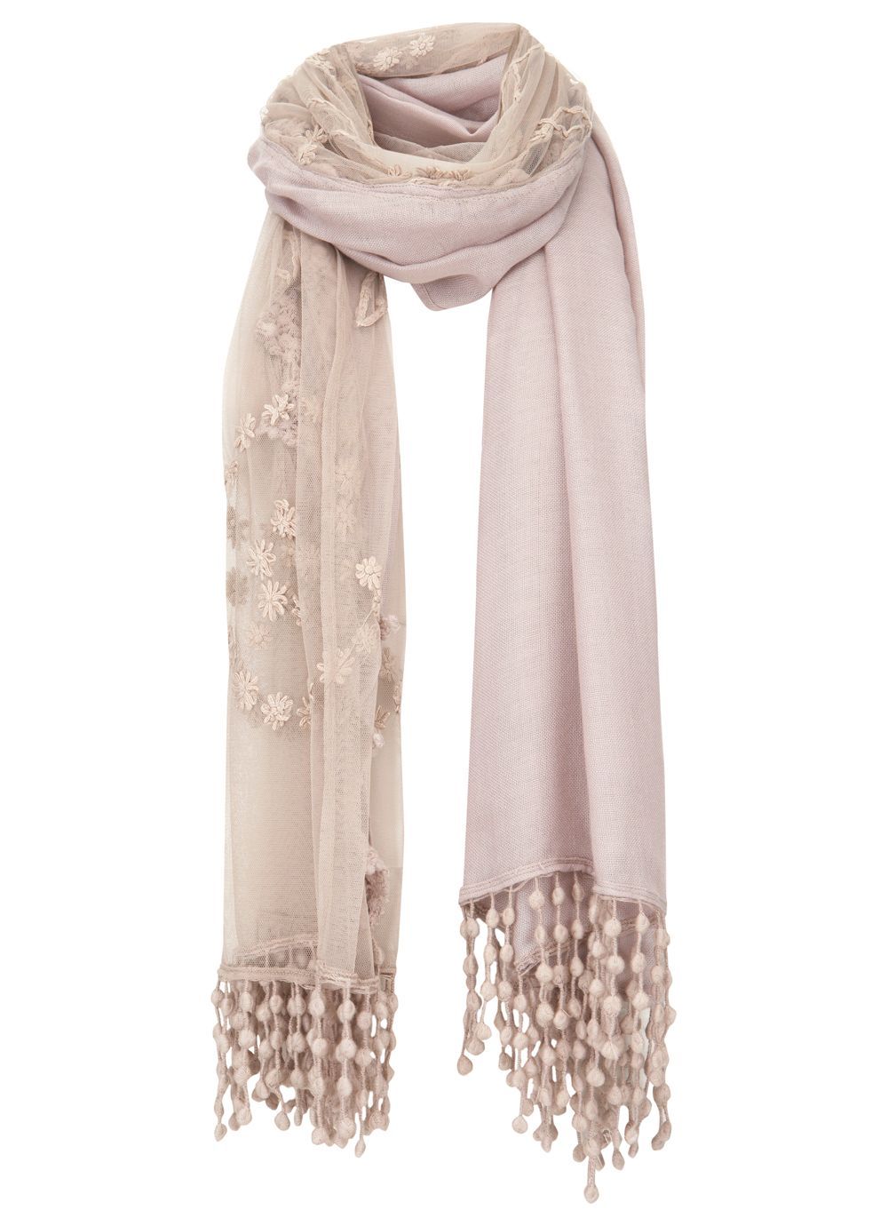 Mink Lace Scarf, Mink - predominant colour: nude; type of pattern: standard; style: regular; size: standard; material: fabric; embellishment: tassels