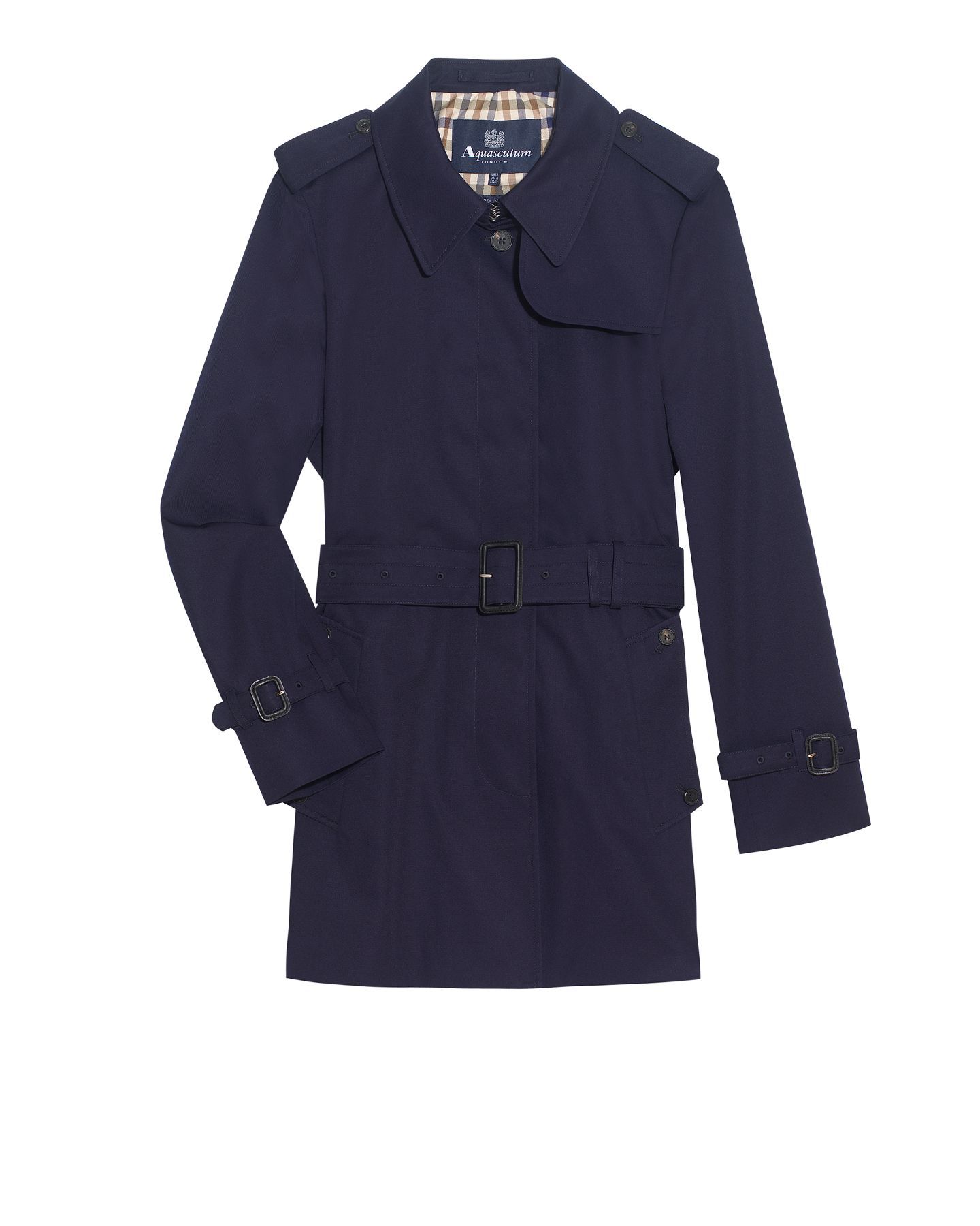 Women's Jennifer Single Breasted Rainwear, Navy - pattern: plain; shoulder detail: obvious epaulette; bust detail: added detail/embellishment at bust; hip detail: side pockets at hip; style: mac; collar: high neck; fit: slim fit; length: mid thigh; predominant colour: navy; occasions: casual; fibres: cotton - mix; waist detail: belted waist/tie at waist/drawstring; material texture: silky; sleeve length: long sleeve; sleeve style: standard; texture group: silky - light; collar break: high; pattern type: fabric; pattern size: standard