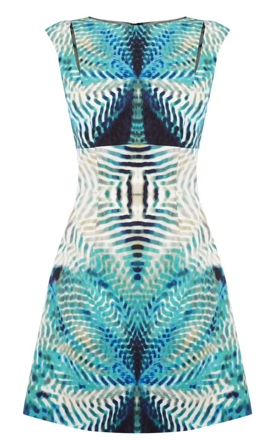 Women's Mirror Print On Cotton Dress, Green - style: shift; length: mid thigh; neckline: slash/boat neckline; pattern: heavily patterned, patterned/print; sleeve style: sleeveless; waist detail: fitted waist; predominant colour: mint green; occasions: casual; fit: body skimming; fibres: cotton - mix; material texture: jersey; trends: prints; sleeve length: sleeveless; pattern type: fabric; pattern size: big & busy; texture group: jersey - stretchy/drapey