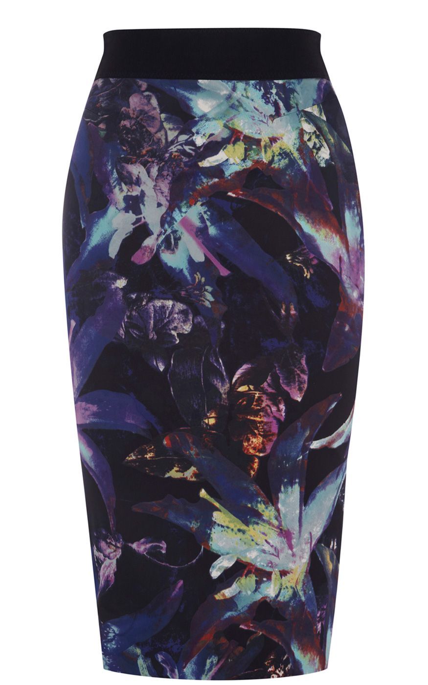Women's Tropical Prints On Cugna Skirt, Purple - length: below the knee; pattern: floral - busy, abstract, florals, patterned/print; style: pencil; fit: tailored/fitted; waist detail: fitted waist, wide waistband/cummerbund; waist: high rise; hip detail: fitted at hip; occasions: evening, work, occasion; fibres: polyester/polyamide - stretch; material texture: jersey; predominant colour: multicoloured; trends: 1950's, prints; pattern type: fabric; pattern size: small & busy; texture group: jersey - stretchy/drapey