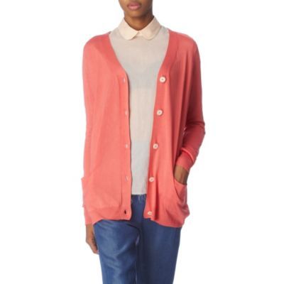 Beryl Silk Cardigan - neckline: low v-neck; pattern: plain; length: below the bottom; hip detail: front pockets at hip; predominant colour: coral; occasions: casual; style: standard; fibres: silk - 100%; material texture: silky; trends: brights; sleeve length: long sleeve; sleeve style: standard; texture group: silky - light; pattern type: knitted - other; pattern size: standard