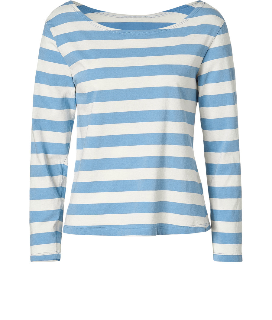 Blue Striped Rugby Top - neckline: round neck; pattern: horizontal stripes, striped; predominant colour: pale blue; occasions: casual; length: standard; style: top; fibres: cotton - 100%; material texture: jersey; fit: body skimming; sleeve length: long sleeve; sleeve style: standard; pattern type: fabric; pattern size: standard; texture group: jersey - stretchy/drapey