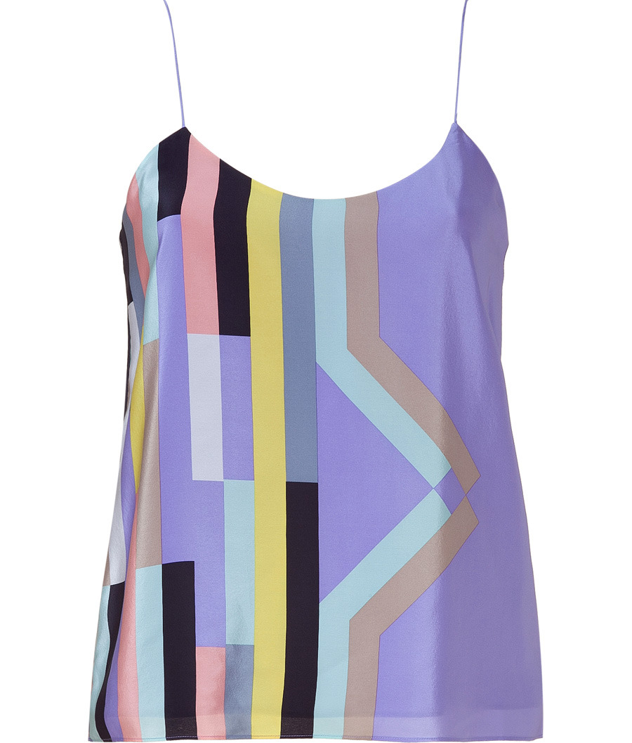 Lavender Multi Pastel Printed Silk Camisole Top - neckline: v-neck; sleeve style: spaghetti straps; pattern: lightly patterned, print, patterned/print; back detail: low cut/open back; predominant colour: lilac; occasions: casual, evening; length: standard; style: top; fibres: silk - 100%; material texture: satin; fit: body skimming; trends: prints; sleeve length: sleeveless; texture group: structured shiny - satin/tafetta/silk etc.; pattern type: fabric; pattern size: small & light