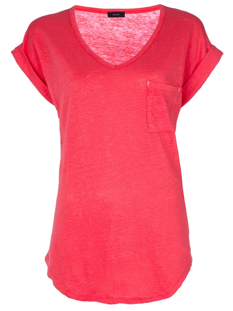 Roll Sleeve Top - neckline: v-neck; pattern: plain; bust detail: added detail/embellishment at bust; length: below the bottom; style: t-shirt; predominant colour: true red; occasions: casual; fibres: linen - 100%; material texture: denim; fit: loose; trends: brights; sleeve length: short sleeve; sleeve style: standard; texture group: denim; pattern type: fabric; pattern size: standard