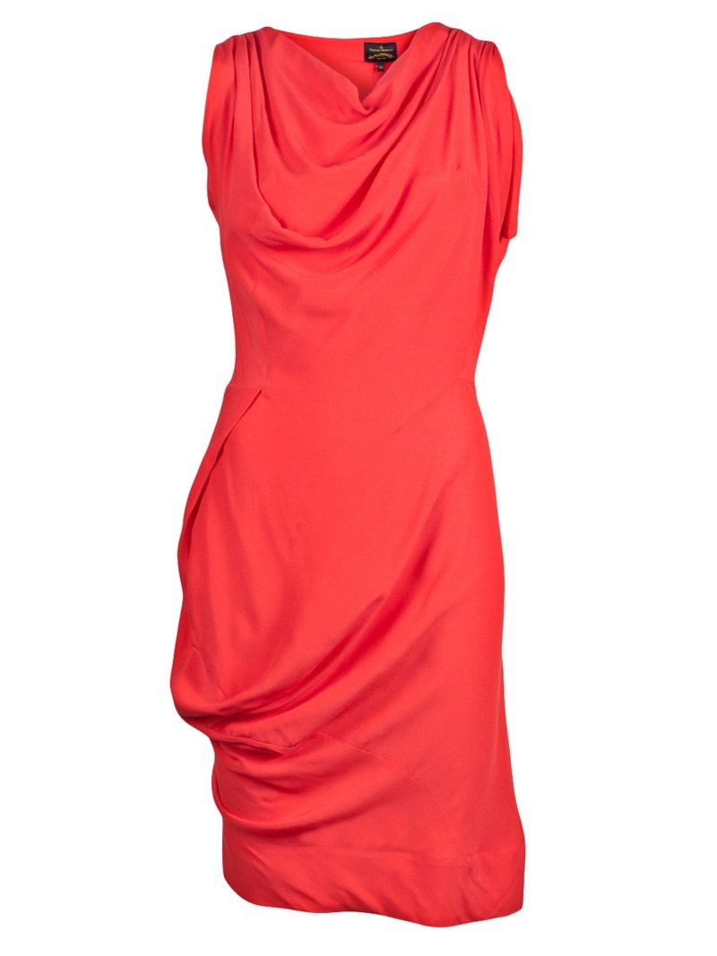Curved Dress - style: tunic; neckline: cowl/draped neck; pattern: plain; sleeve style: sleeveless; waist detail: fitted waist; bust detail: ruching/gathering/draping/layers/pintuck pleats at bust; predominant colour: bright orange; occasions: evening, occasion; length: just above the knee; fit: body skimming; fibres: polyester/polyamide - 100%; material texture: sateen; hip detail: soft pleats at hip/draping at hip/flared at hip; trends: brights; sleeve length: sleeveless; texture group: structured shiny - satin/tafetta/silk etc.; pattern type: fabric; pattern size: standard