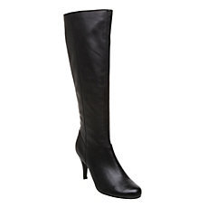 Poursd Round Toe Heeled Boot - predominant colour: black; material: leather; heel height: mid; heel: stiletto; toe: round toe; boot length: knee; style: standard